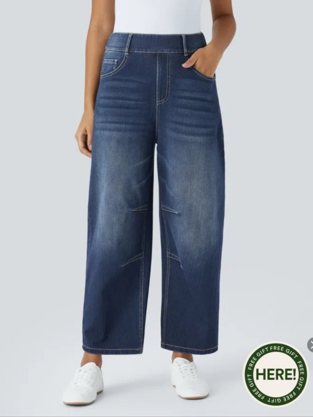 Halara Flex™ Mid Rise Pockets Barrel Leg Casual Jeans Blue Denim XL Regular